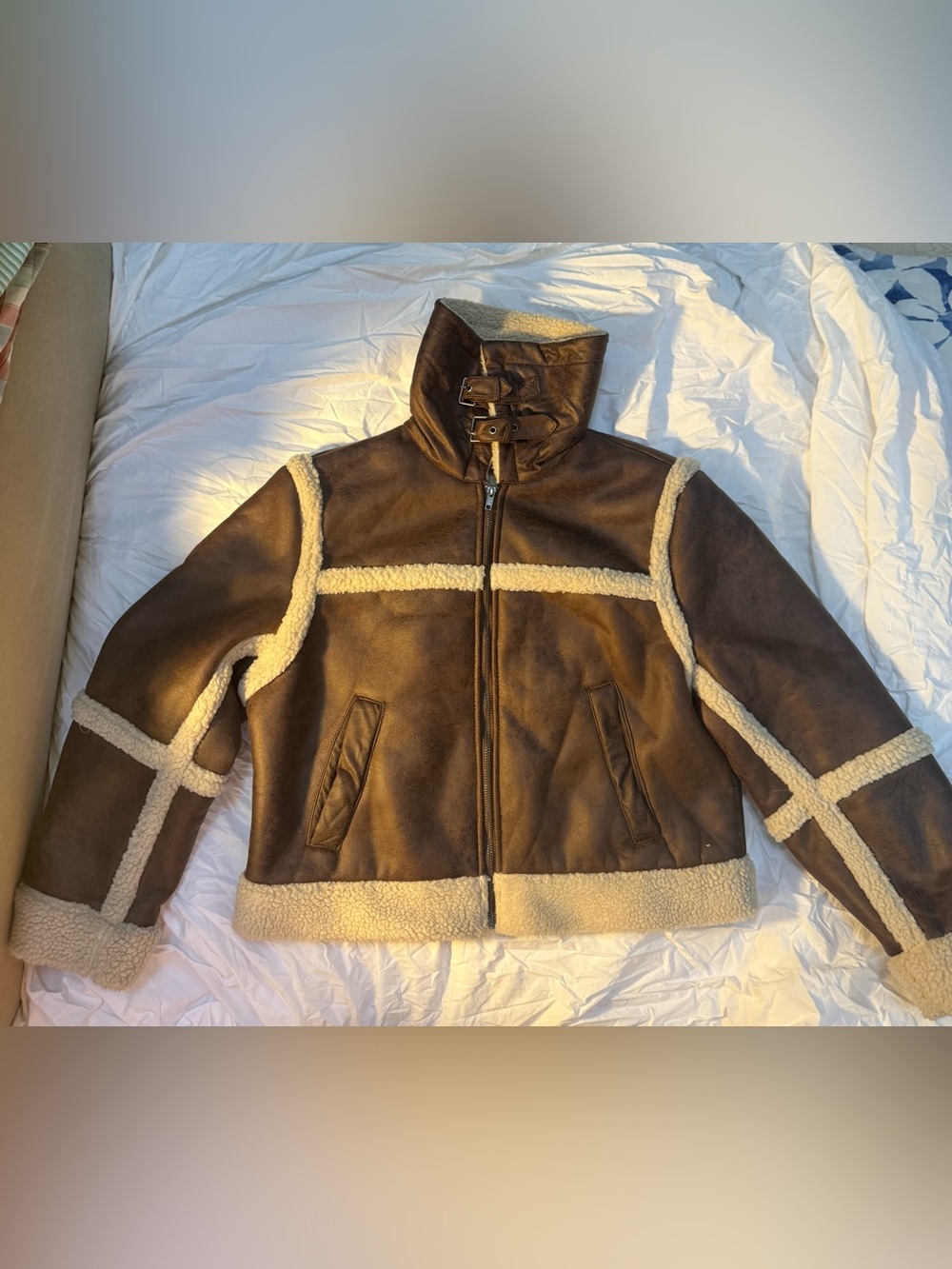 Women's Brown Shearling-Trim Aviator Jacket - Picture 2 of 14